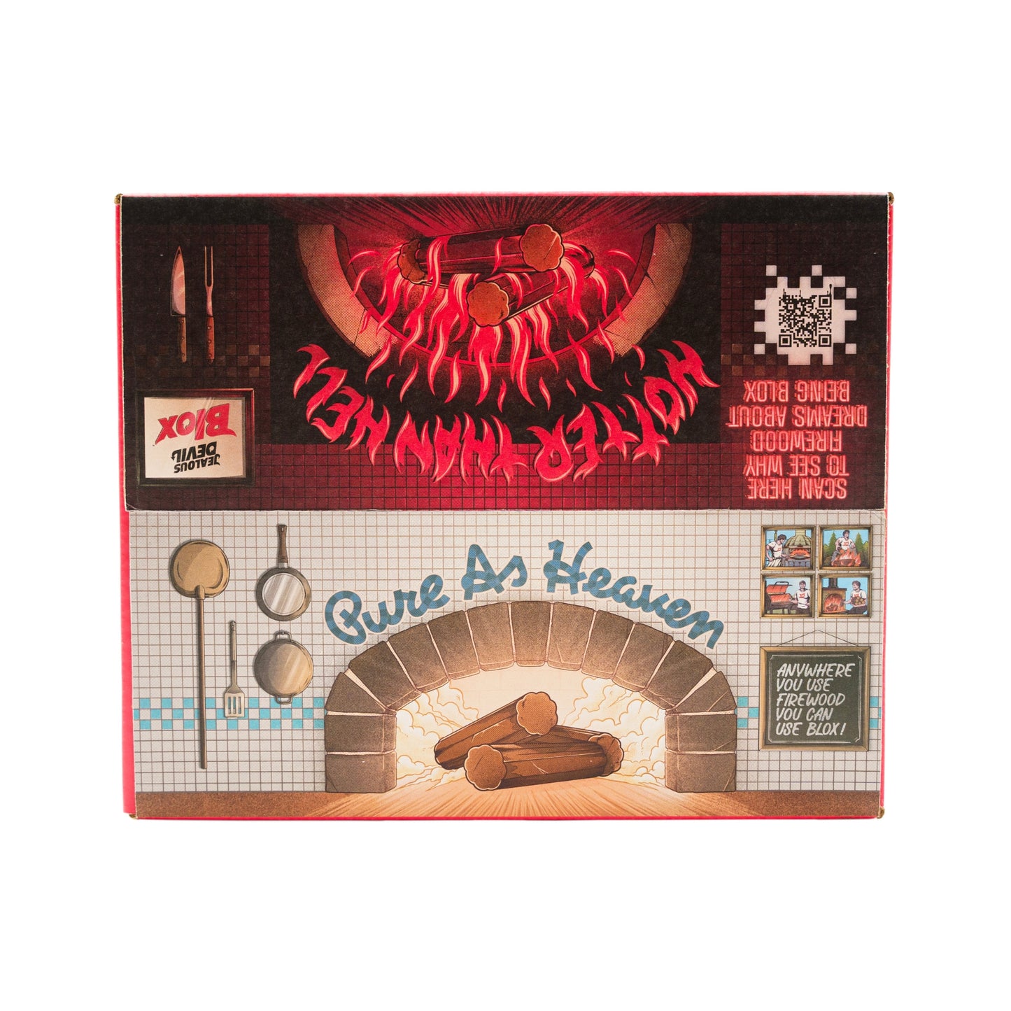 Product packaging with fireplace design and text 'Pure As Heaven' on a white background