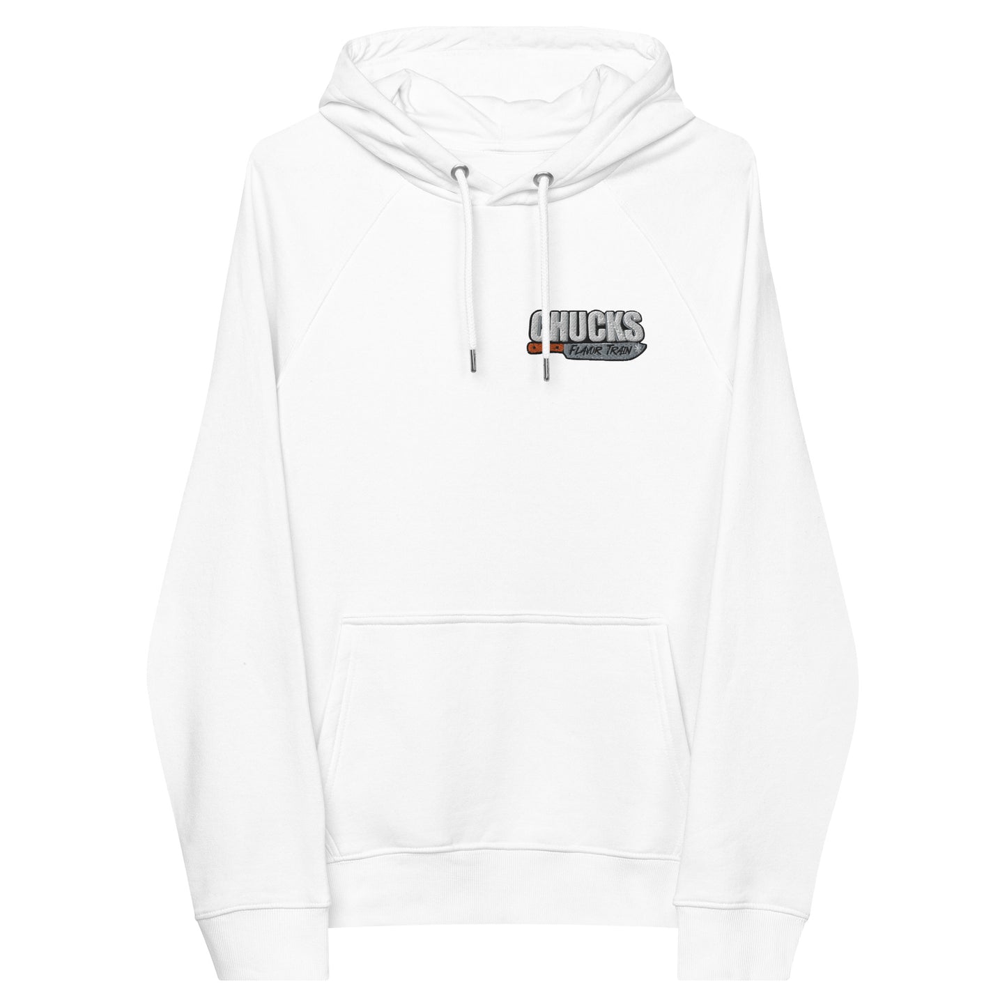 White hooded sweatshirt with 'Chucks Flavor Train' logo on a white background