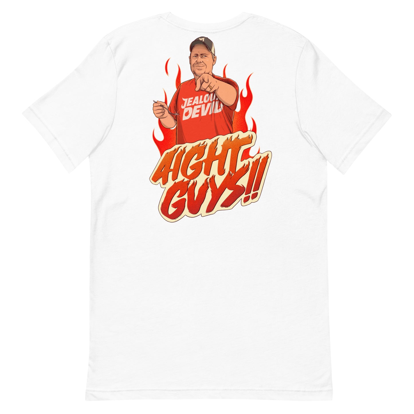 White t-shirt with graphic design of a man in an orange shirt and flames, with text 'AIGHT GUYS!!' on a white background.