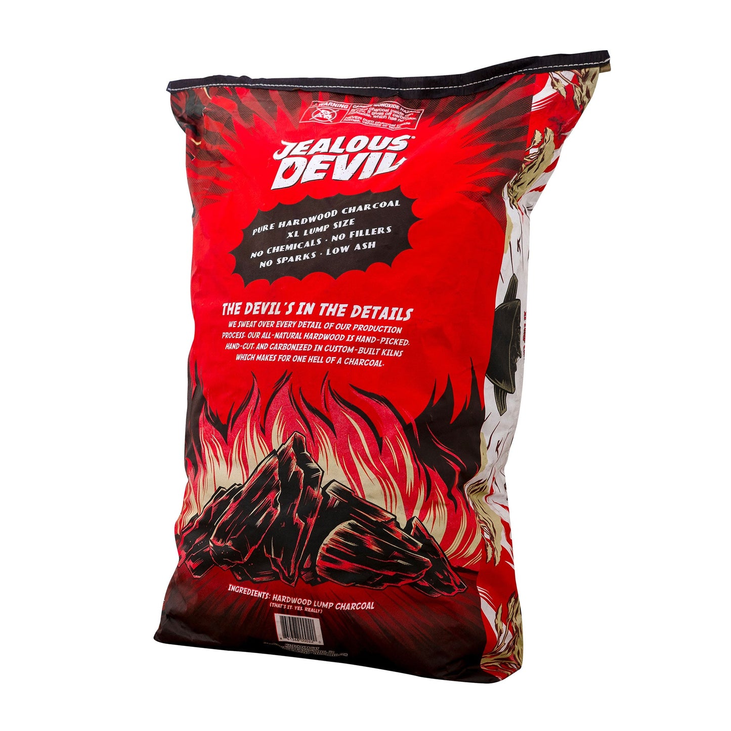 Red bag of Jealous Devil charcoal with black text and graphics on a white background