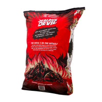 Red bag of Jealous Devil charcoal with black text and graphics on a white background