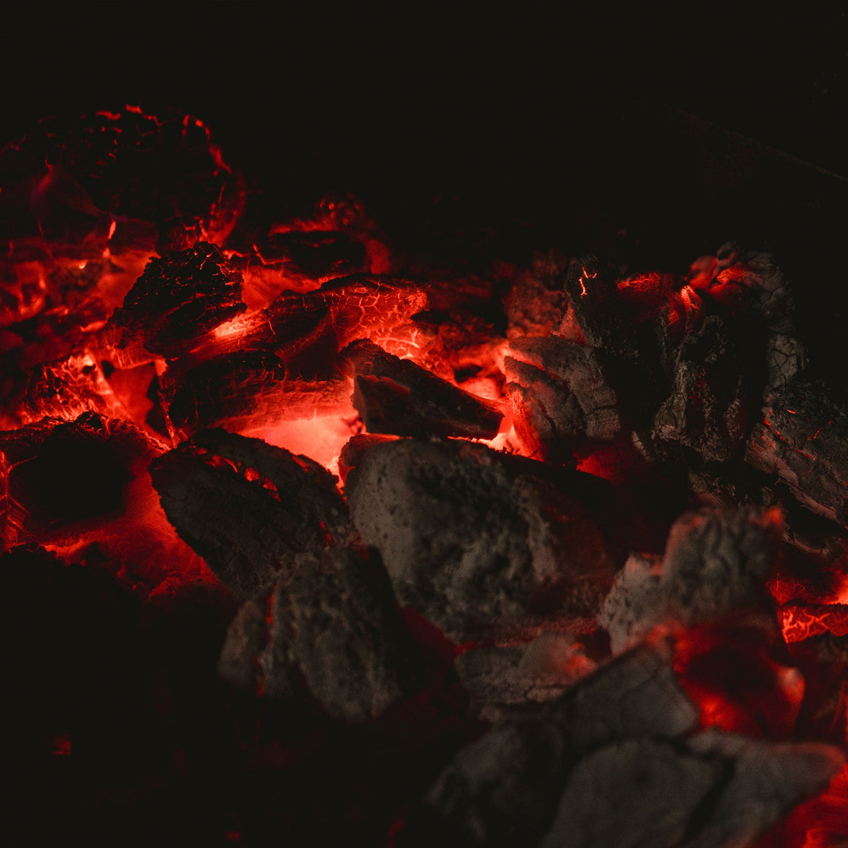 Close-up of glowing red-hot coals in a dark setting