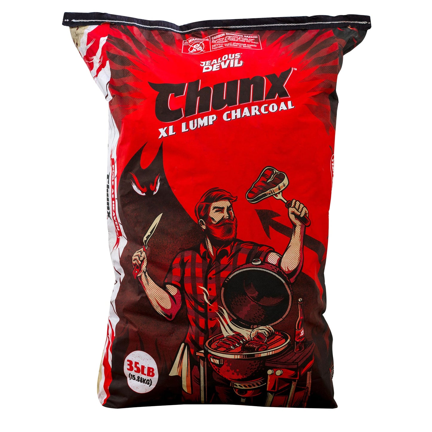 Bag of Chunx XL Lump Charcoal with a graphic of a person grilling on the packaging.