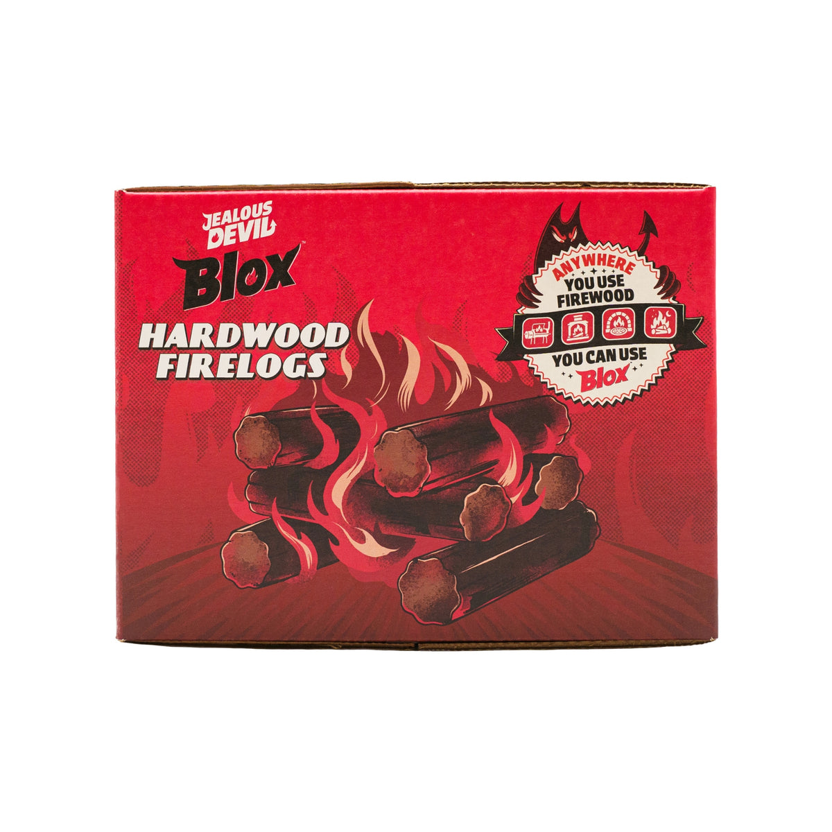 Box of Jealous Devil Blox hardwood firelogs on a white background