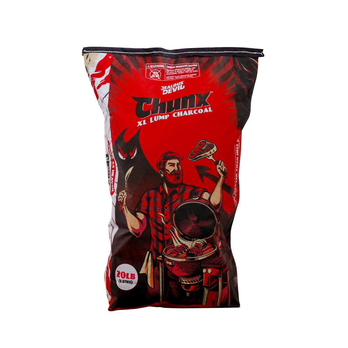 Bag of Chunx XL Lump Charcoal with a graphic of a person grilling on a red background