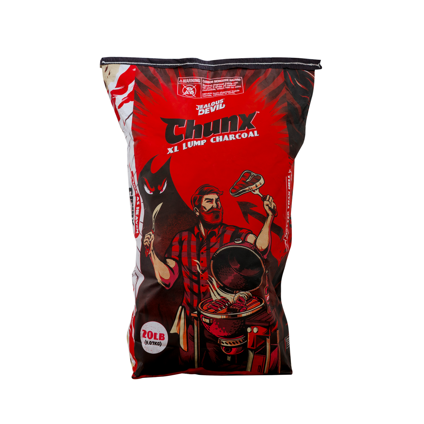 Bag of Chunx XL Lump Charcoal with a graphic of a person grilling on a red background