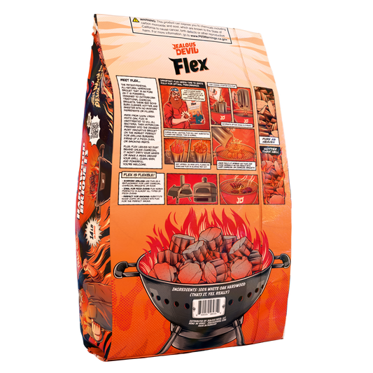 Back packaging of Jealous Devil Flex Hardwood Briquets featuring directions for use