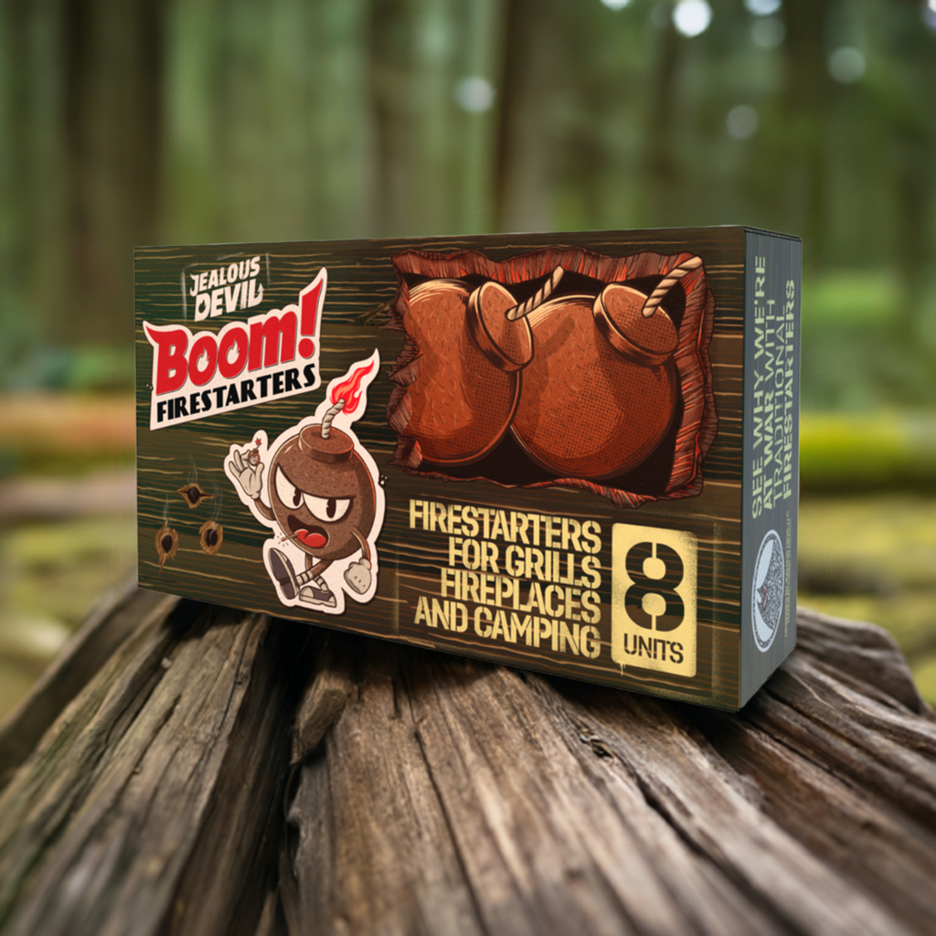 Jealous Devil Boom! Firestarters package sitting on wood with blurred forest background