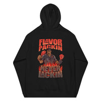 The back of a black hooded sweatshirt with the phrase "Flavor Packin Never Lackin" in red with a man holding two bone in meats over flames 