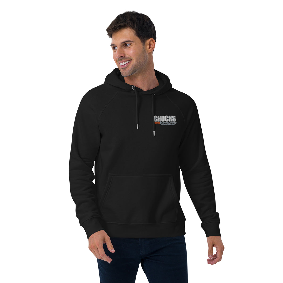 Man wearing black hooded sweatshirt with "Chunks" lettering and an illustration of a knife with the words "Flavor Team"