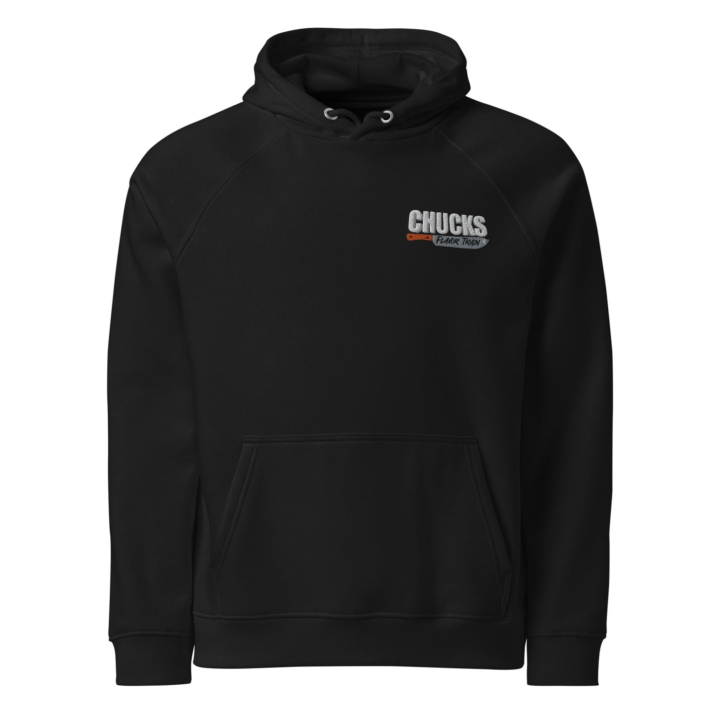 Black hooded sweatshirt with "Chunks" lettering and an illustration of a knife with the words "Flavor Team"
