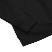 Black hooded sweatshirt cuffed sleeve and waistband on a white background