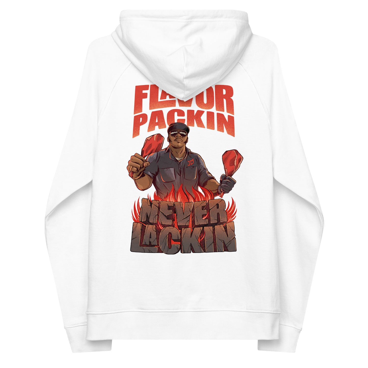 White hooded sweatshirt with image of man holding steaks with phrase 'Flavor Packin Never Lackin' in orange color and flame background on a white background