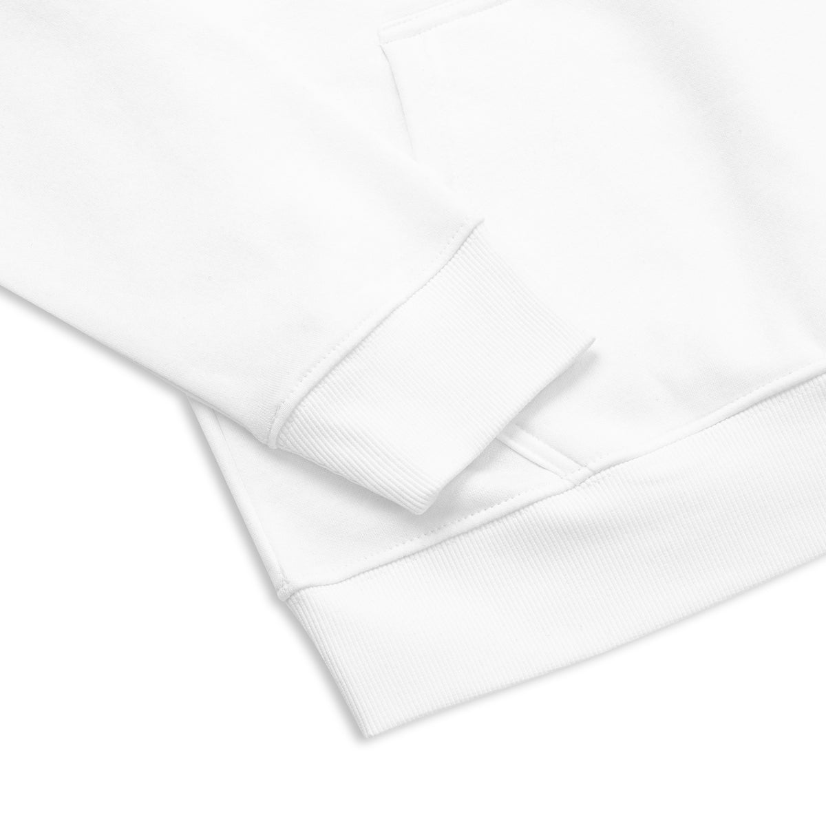 White sweatshirt close up of sleeve and waist cuff on a white background