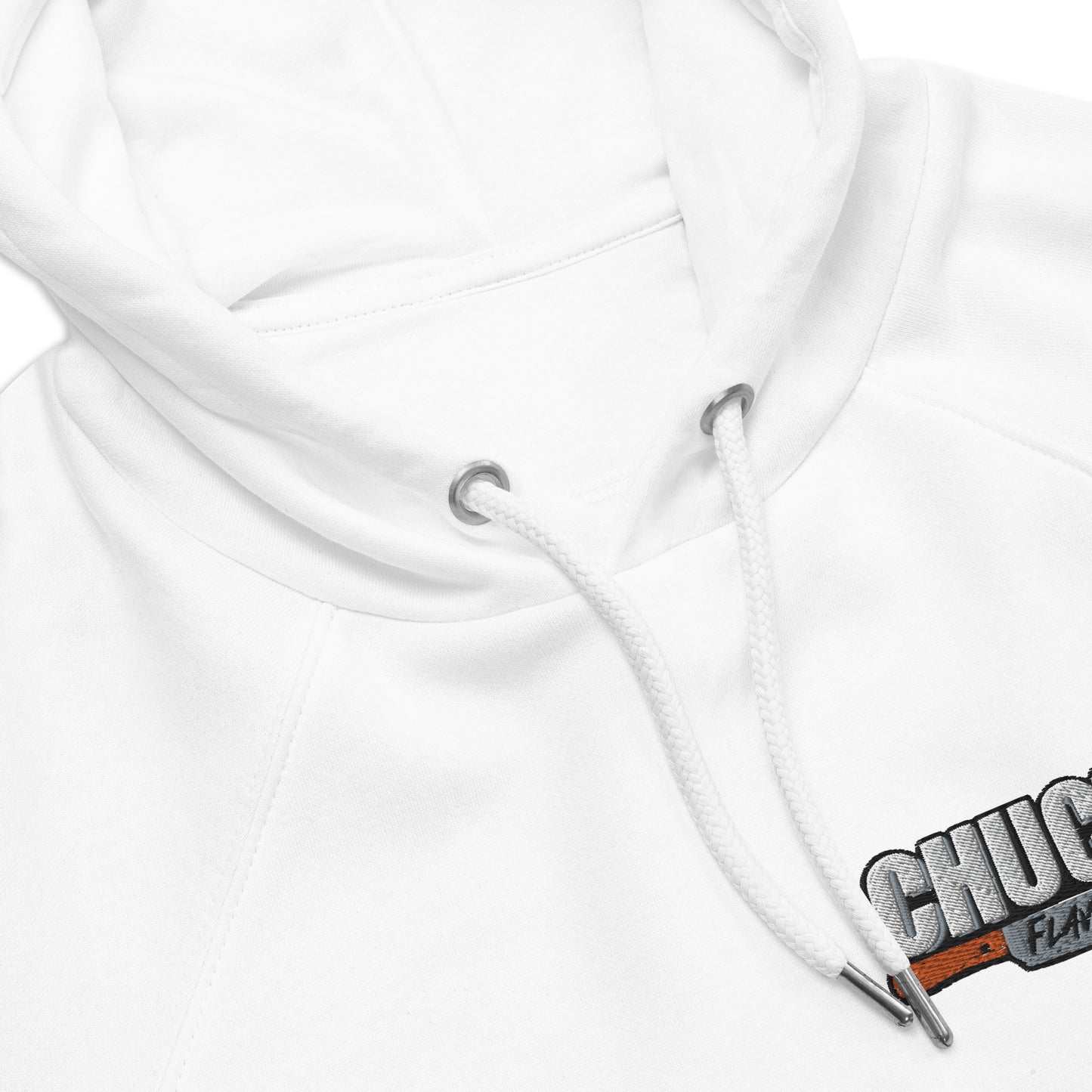 White hooded sweatshirt with 'Chucks Flavor Train' logo on a white background