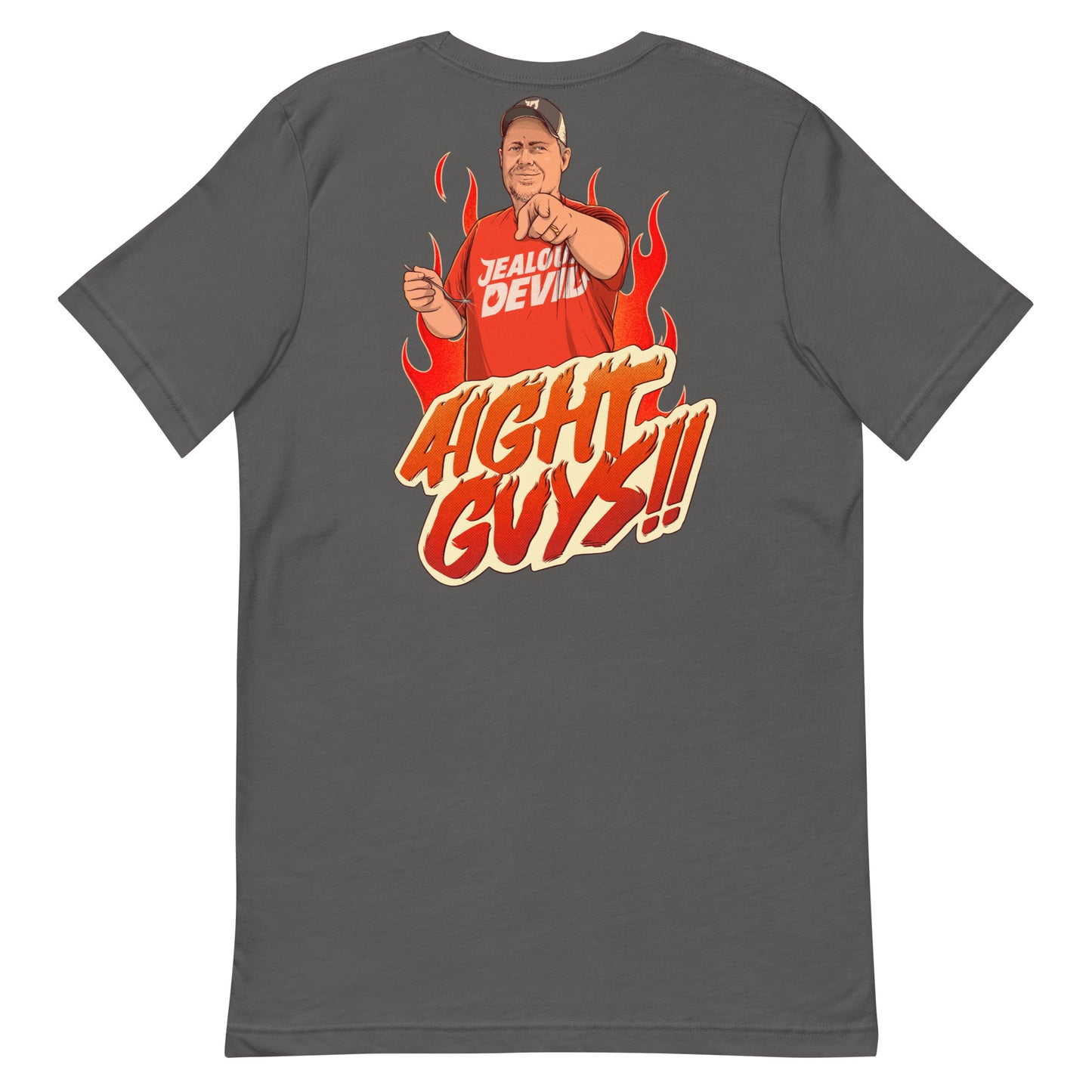 Grey t-shirt with graphic design of a man in an orange shirt and flames, with text 'AIGHT GUYS!!' on a white background.