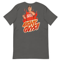 Grey t-shirt with graphic design of a man in an orange shirt and flames, with text 'AIGHT GUYS!!' on a white background.