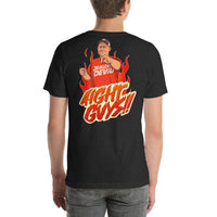 Black heather t-shirt with graphic design of a man in an orange shirt and flames, with text 'AIGHT GUYS!!' on a white background.