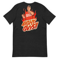 Black t-shirt with graphic design of a man in an orange shirt and flames, with text 'AIGHT GUYS!!' on a white background.
