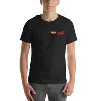 Grey t-shirt with logos for 'Bama Grill Master' and 'Jealous Devil' on front on a white background