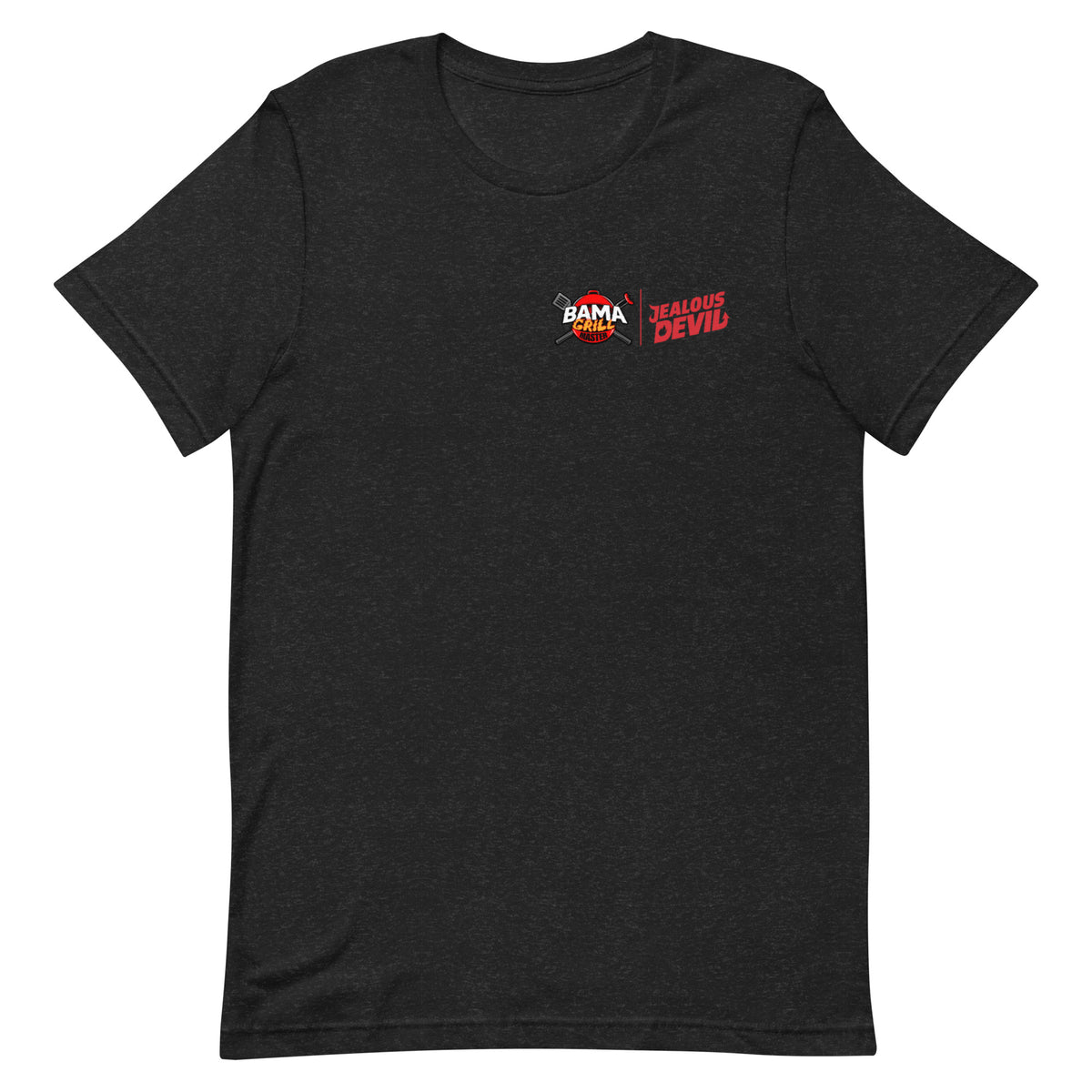 Grey t-shirt with logos for 'Bama Grill Master' and 'Jealous Devil' on front on a white background