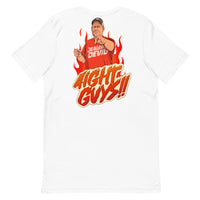 White t-shirt with graphic design of a man in an orange shirt and flames, with text 'AIGHT GUYS!!' on a white background.